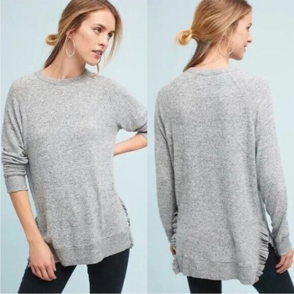 Anthropologie Postmark Gray Ruffle Hem Pullover Lightweight Sweater
